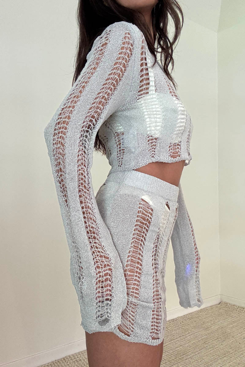 Ladder Knit Top Micro Mini Skirt Set