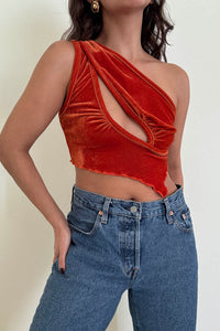 Velvet Asymmetrical One Shoulder Cutout Crop Top
