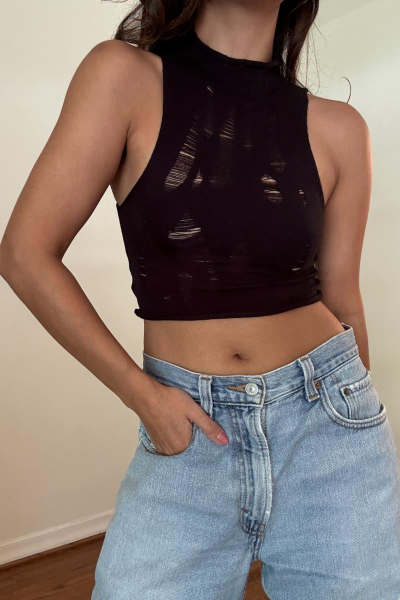 Distressed Knit Mock Neck Crop Top