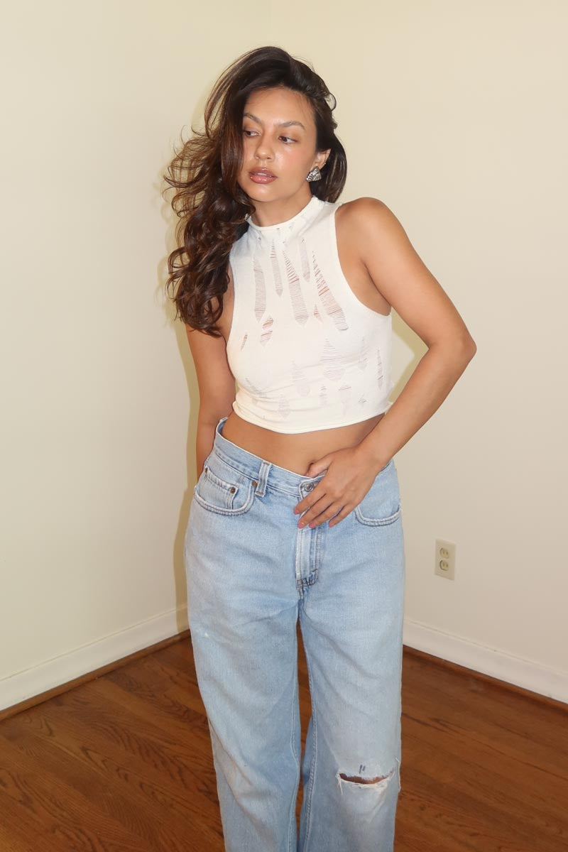 Distressed Knit Mock Neck Crop Top