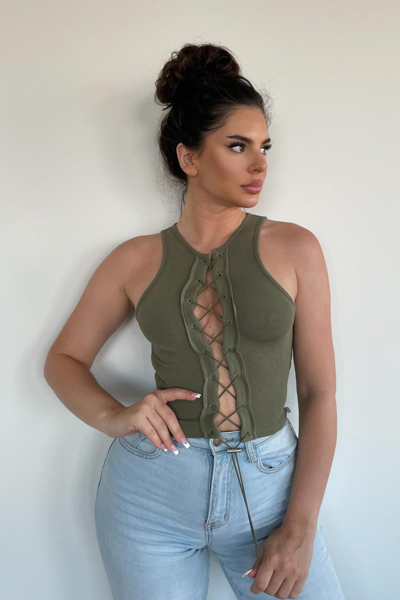 Lace Up Ribbed Knit Crop Top