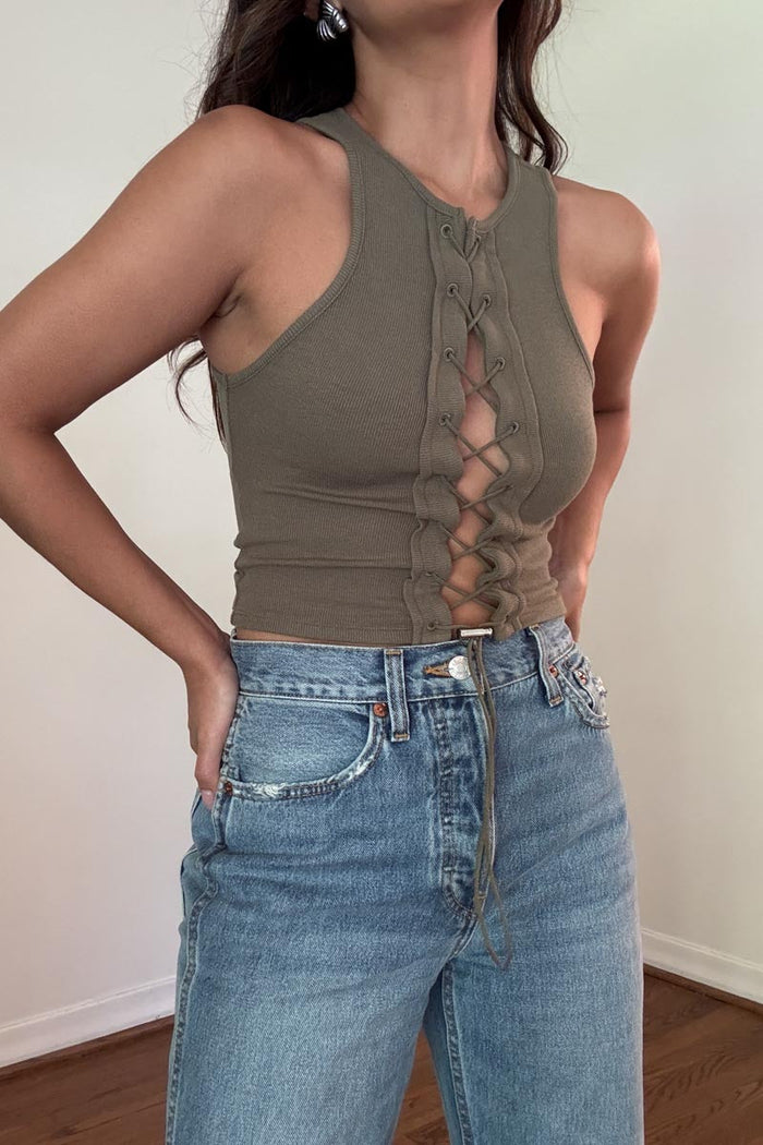 Lace Up Ribbed Knit Crop Top