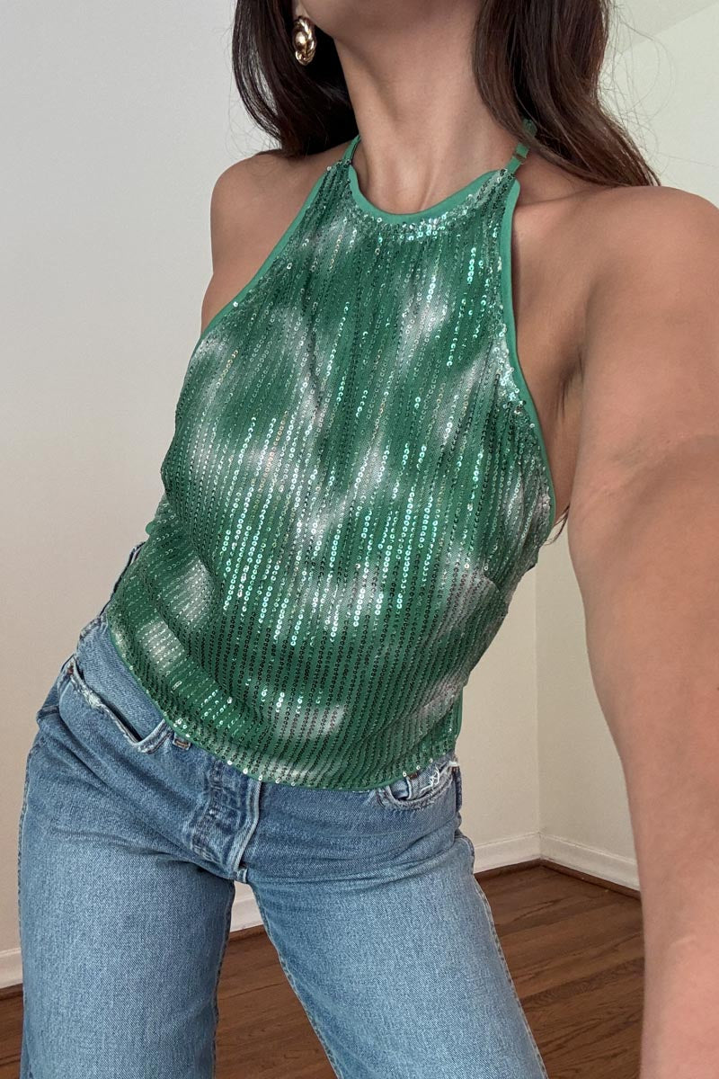 Sequin Trim Halter Neck Top