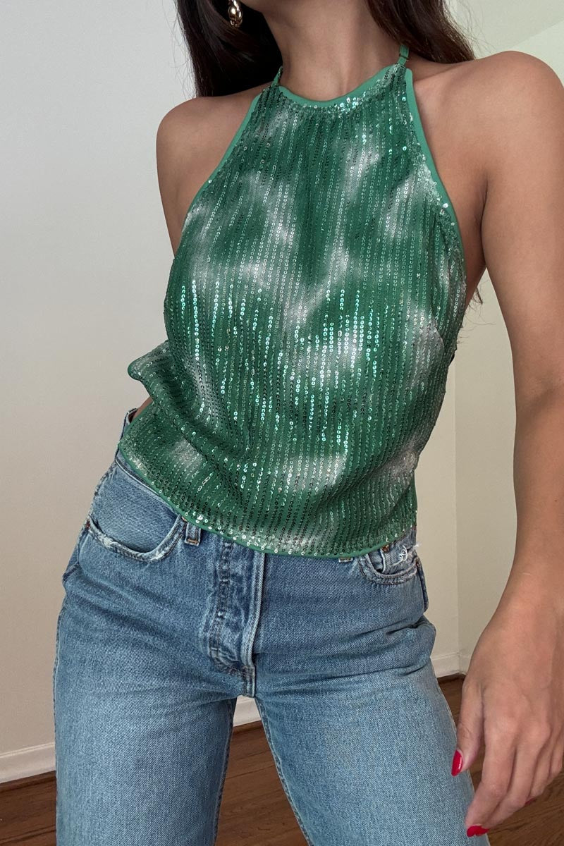 Sequin Trim Halter Neck Top