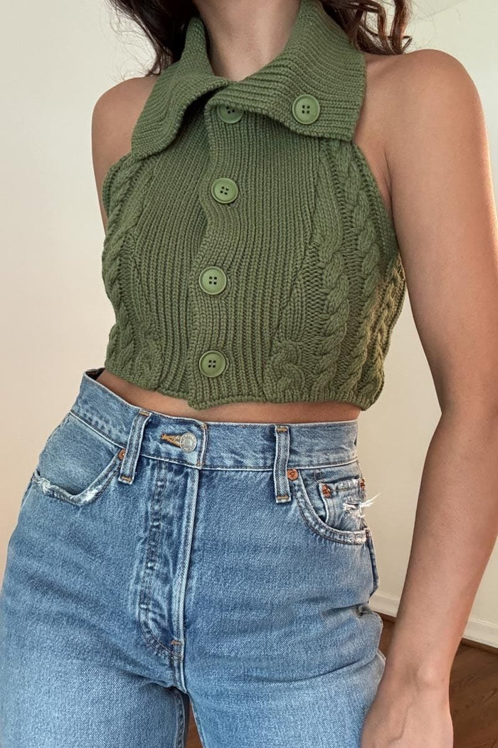 Cable Knit High Neck Crop Top