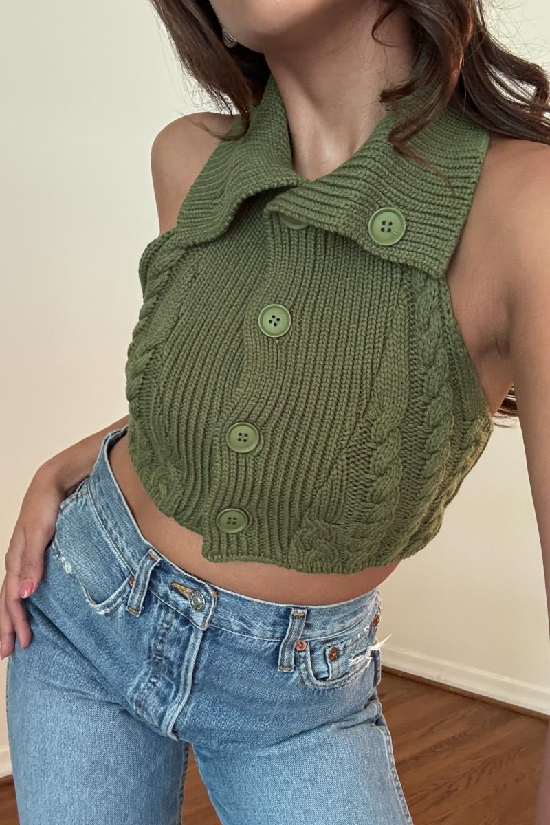 Cable Knitted High Neck Crop Top