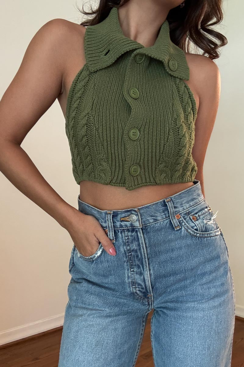 Cable Knitted High Neck Crop Top