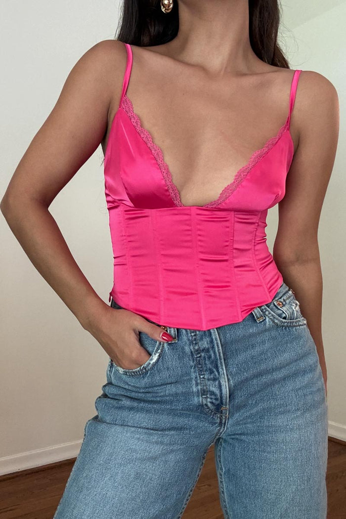 Lace Trim V-Neck Satin Corset Top