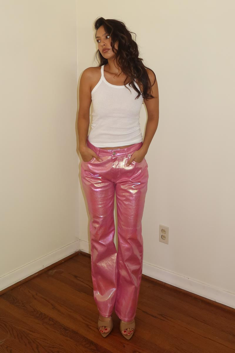 Metallic Low Rise Straight Leg Pants