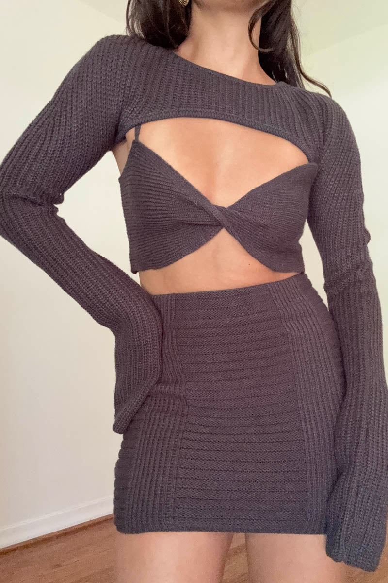 Chunky Knit Bolero Bralette Mini Skirt Set