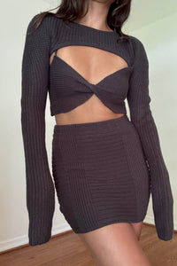 Chunky Knit Bolero Bralette Mini Skirt Set