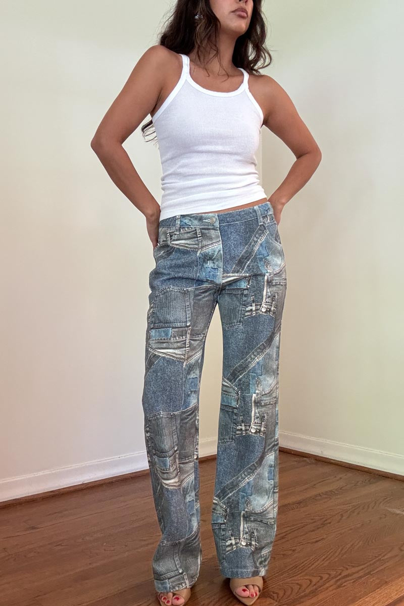 Denim Print Low Rise Pants