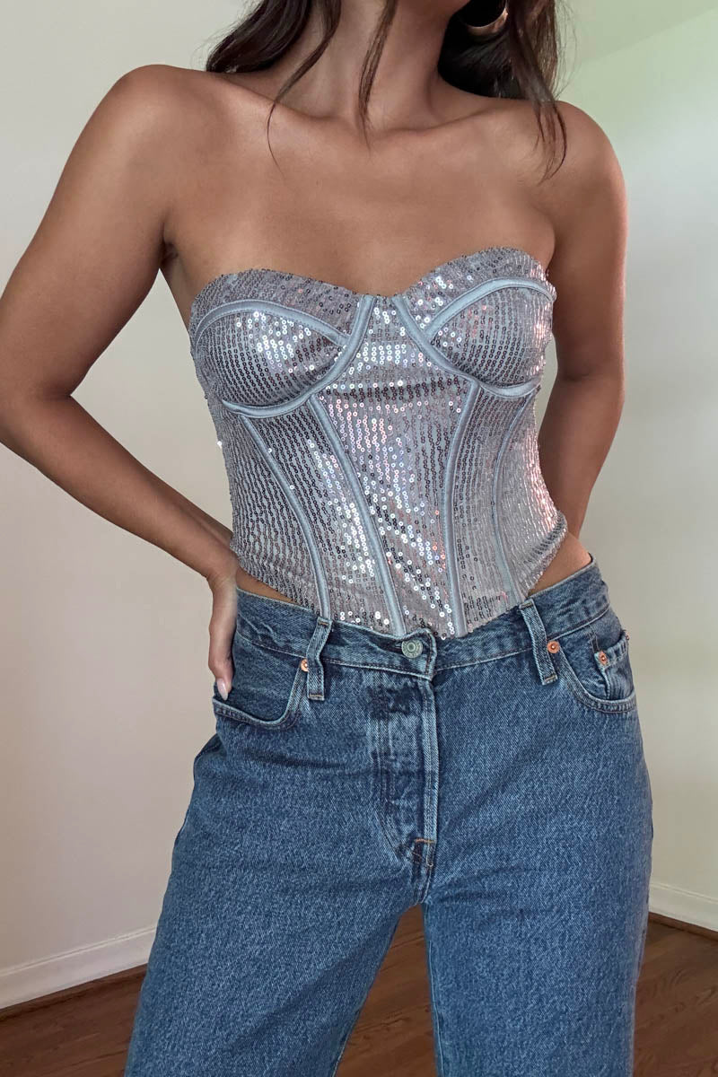 Woven Sequin Corset Bustier Top