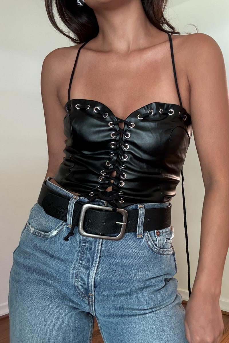 Faux Leather Lace Up Corset Top