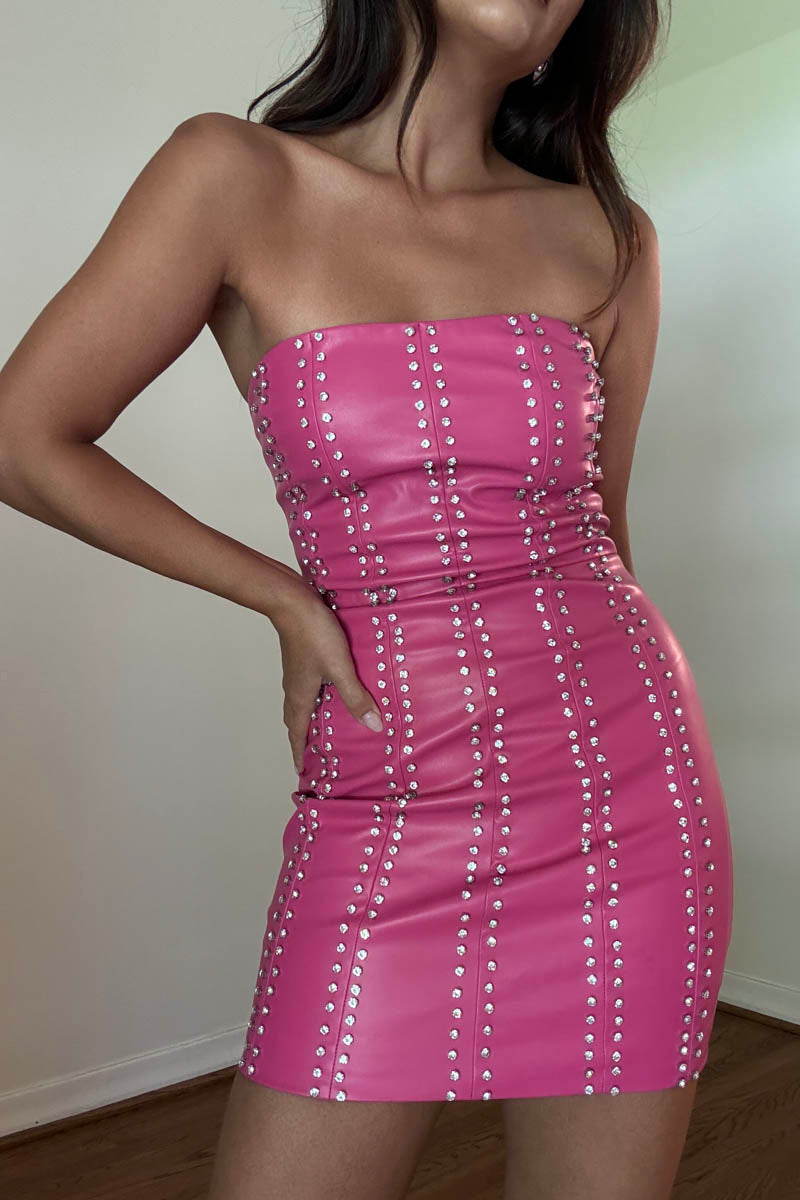 Crystal Embellished Faux Leather Mini Dress