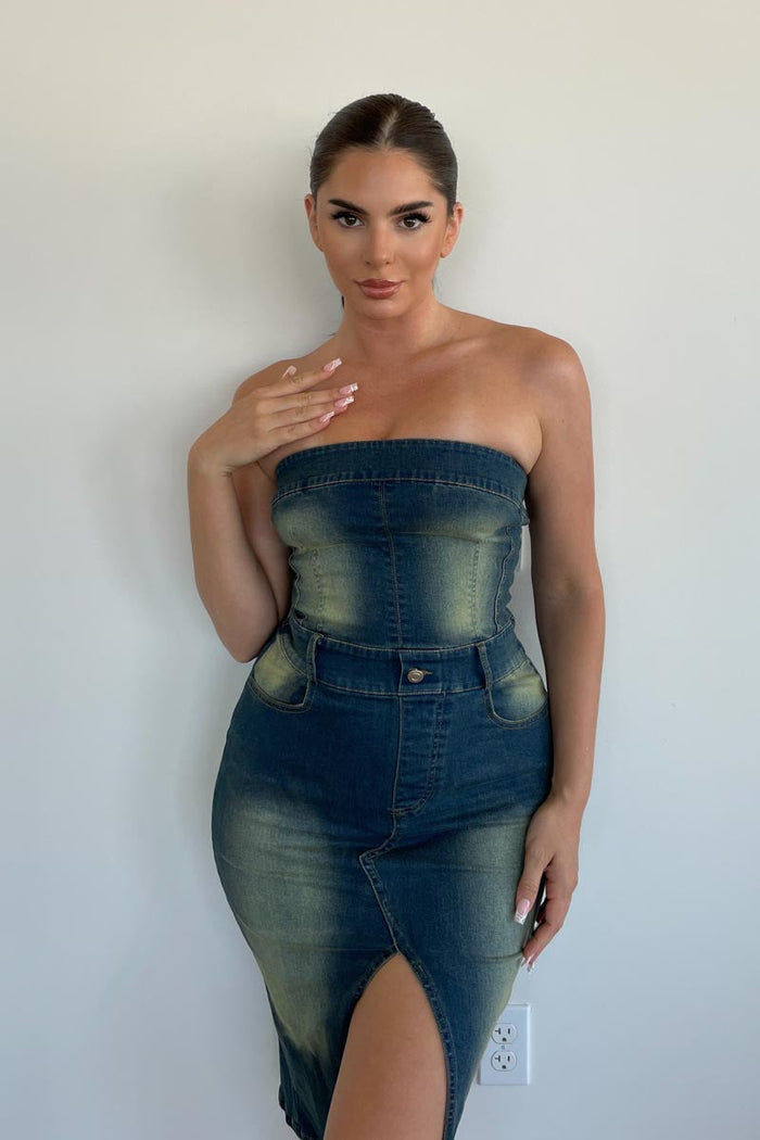 Vintage Denim Bandeau Midi Dress - TheOures