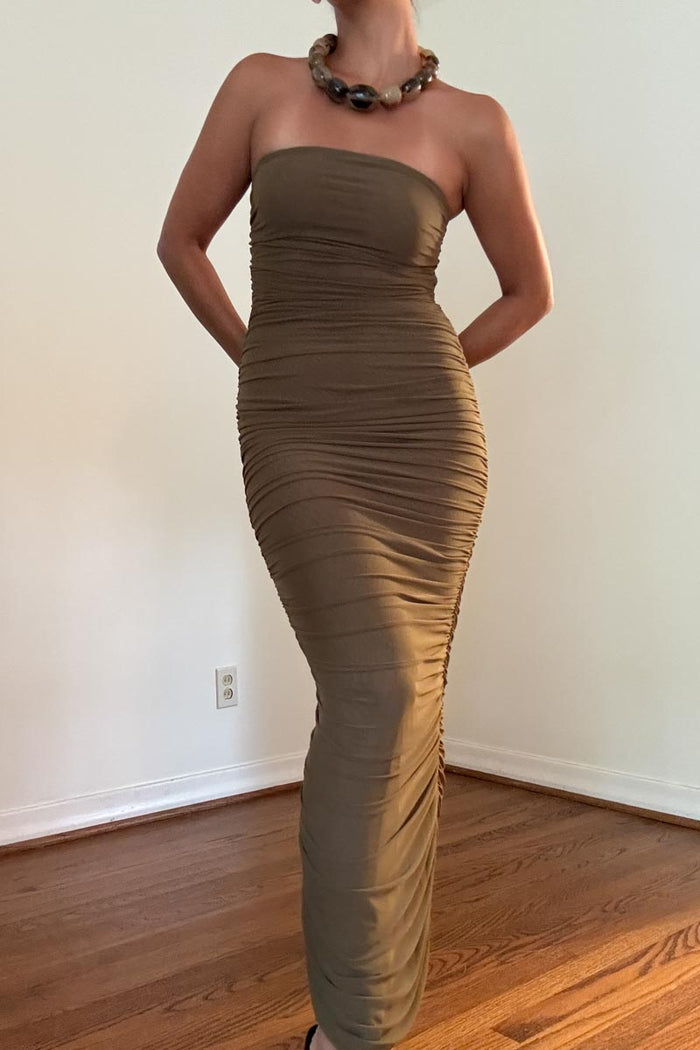 Solid Mesh Ruched Maxi Dress