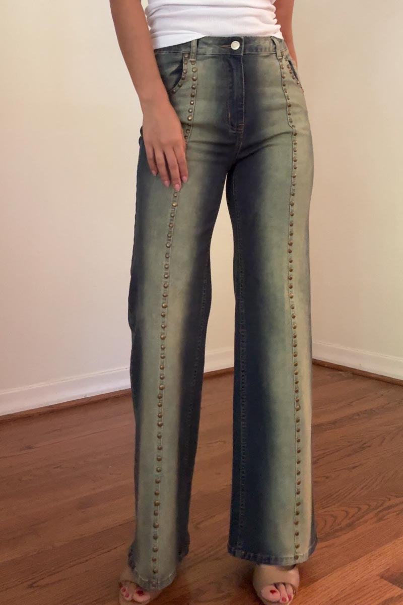 Studs Detail Low Waist Vintage Washed Denim Pants