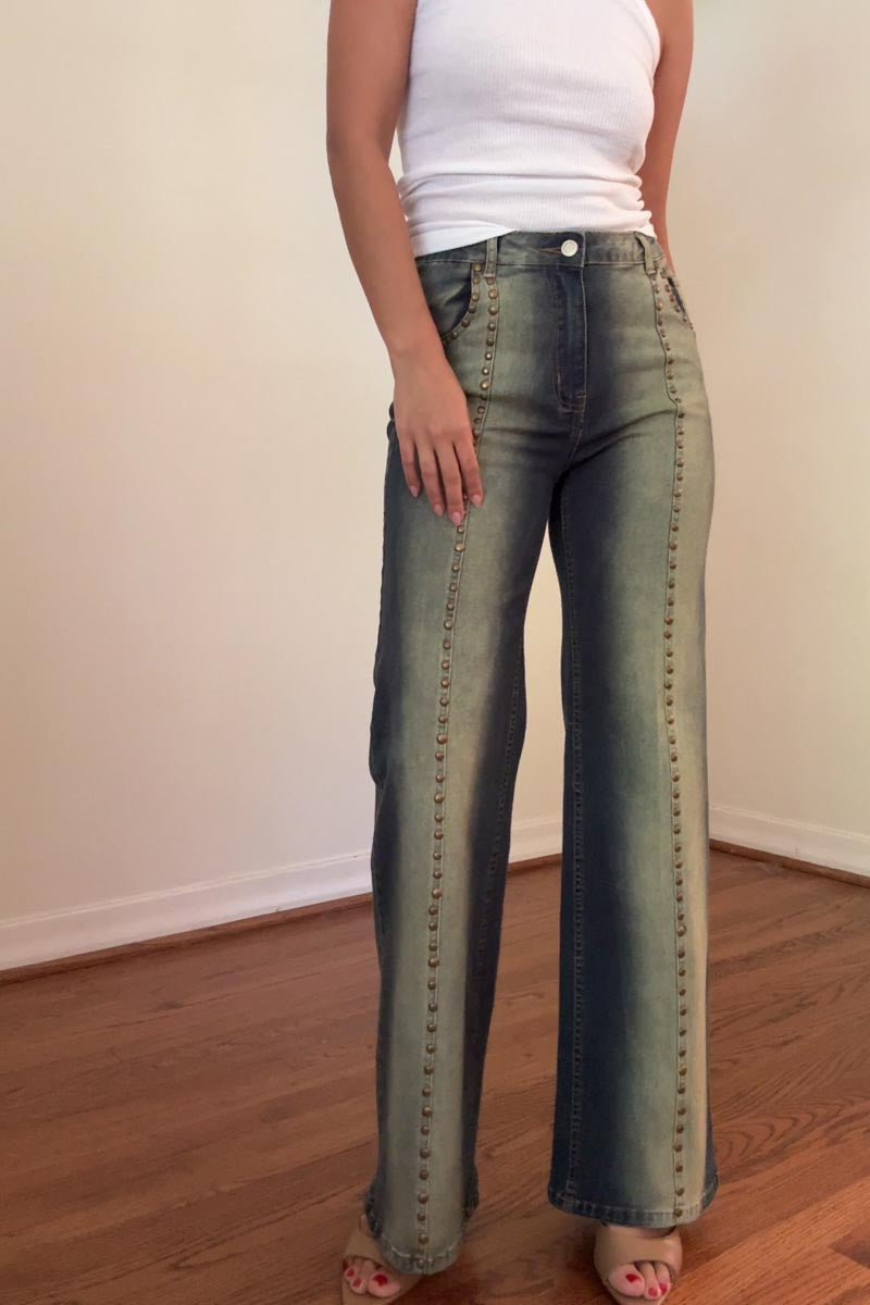 Studs Detail Low Waist Vintage Washed Denim Pants