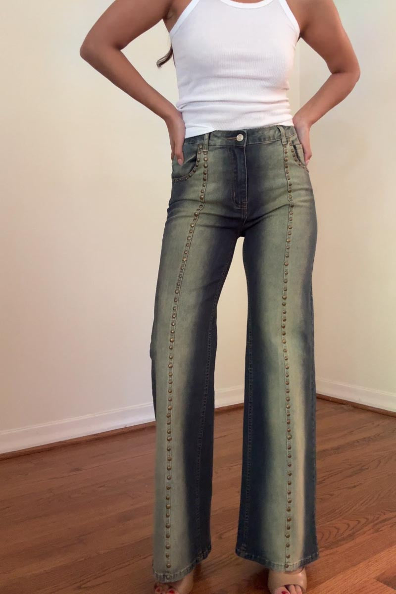 Studs Detail Low Waist Vintage Washed Denim Pants