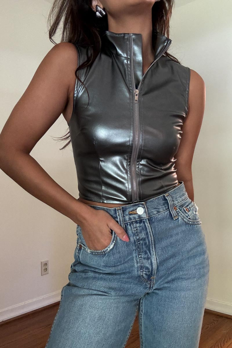 Faux Leather Front Zip Up Corset Top