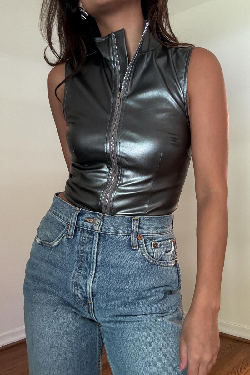 Faux Leather Front Zip Up Corset Top