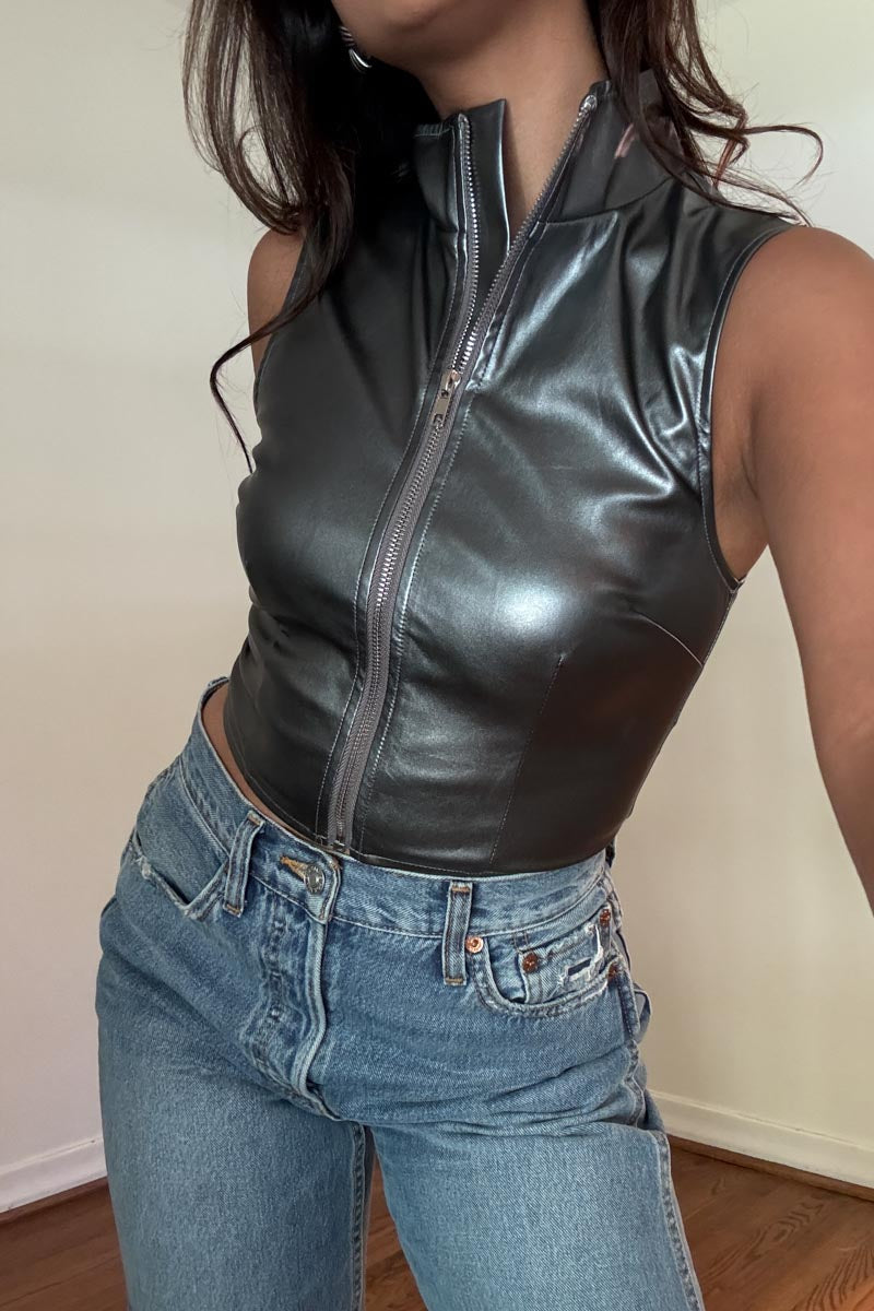 Faux Leather Front Zip Up Corset Top