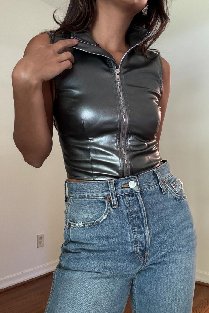 Faux Leather Zip-Up Corset Top
