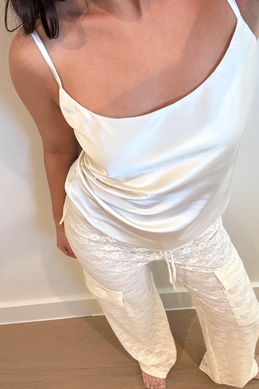 Low Rise Sheer Lace Cargo Pants - Straight Leg with Pockets
