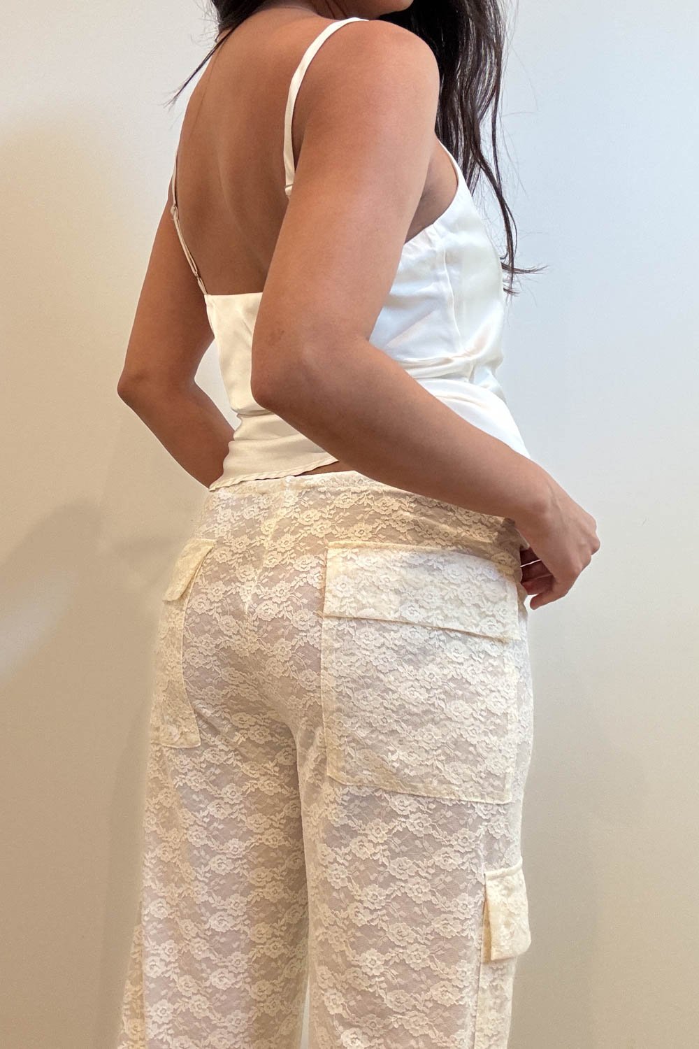 Low Rise Sheer Lace Cargo Pants - Straight Leg with Pockets