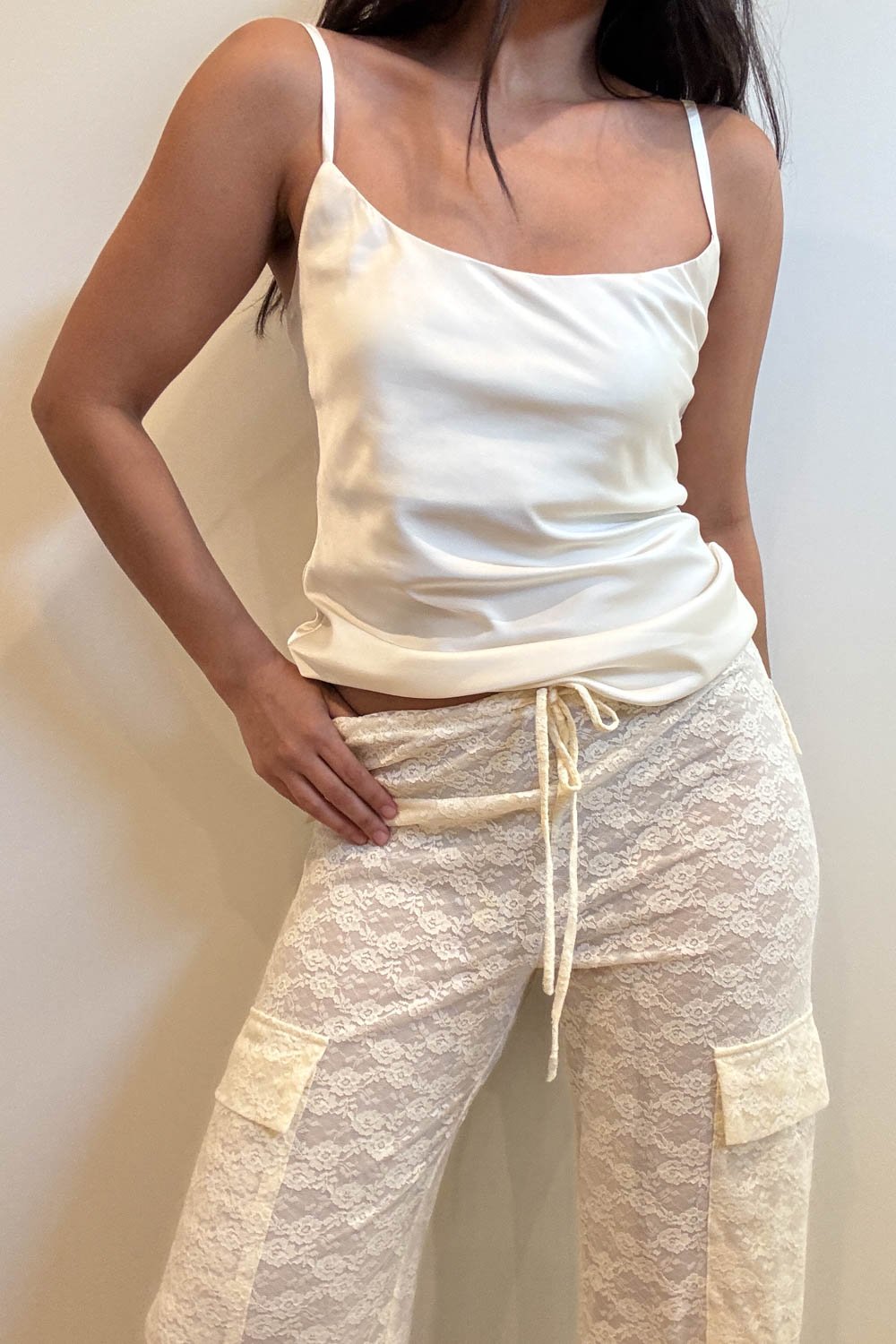 Low Rise Sheer Lace Cargo Pants - Straight Leg with Pockets