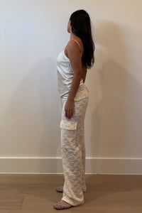 Low Rise Sheer Lace Cargo Pants - Straight Leg with Pockets