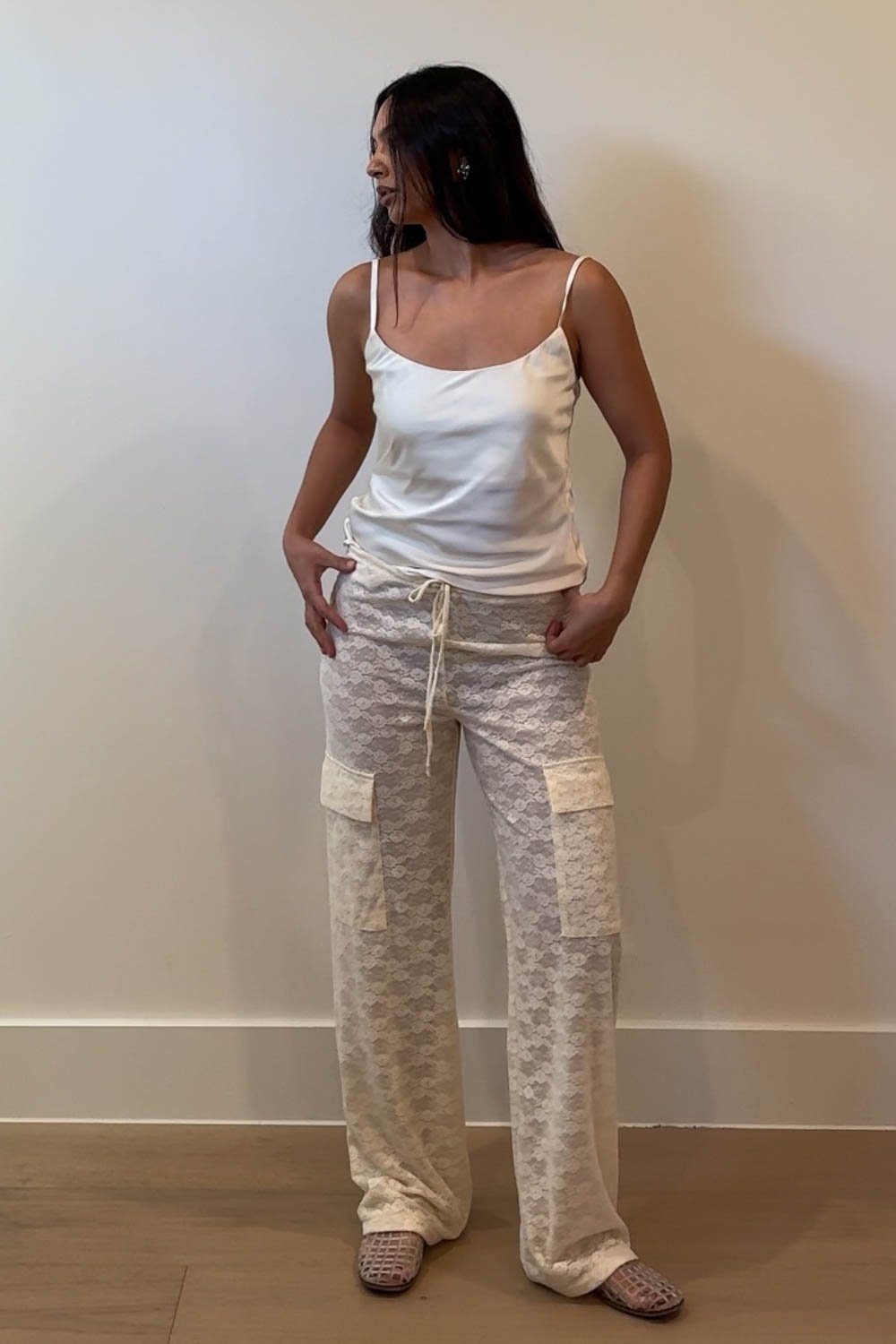 Low Rise Sheer Lace Cargo Pants - Straight Leg with Pockets