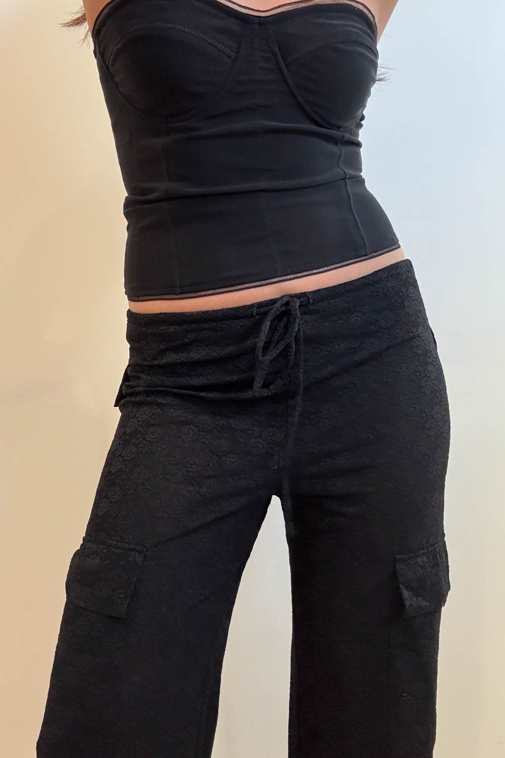 Low Rise Sheer Lace Cargo Pants - Straight Leg with Pockets