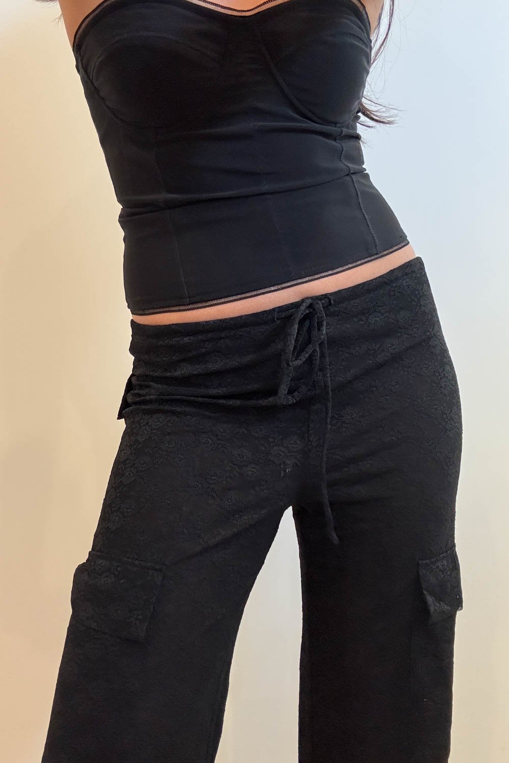 Low Rise Sheer Lace Cargo Pants - Straight Leg with Pockets