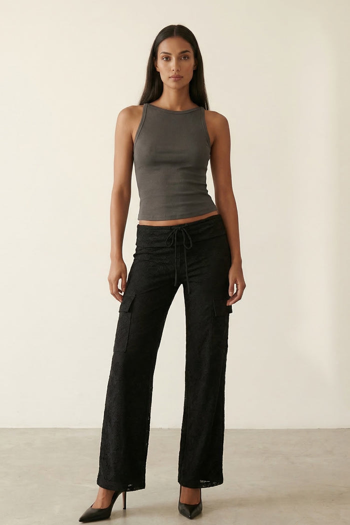 Low Rise Sheer Lace Cargo Pants - Straight Leg with Pockets