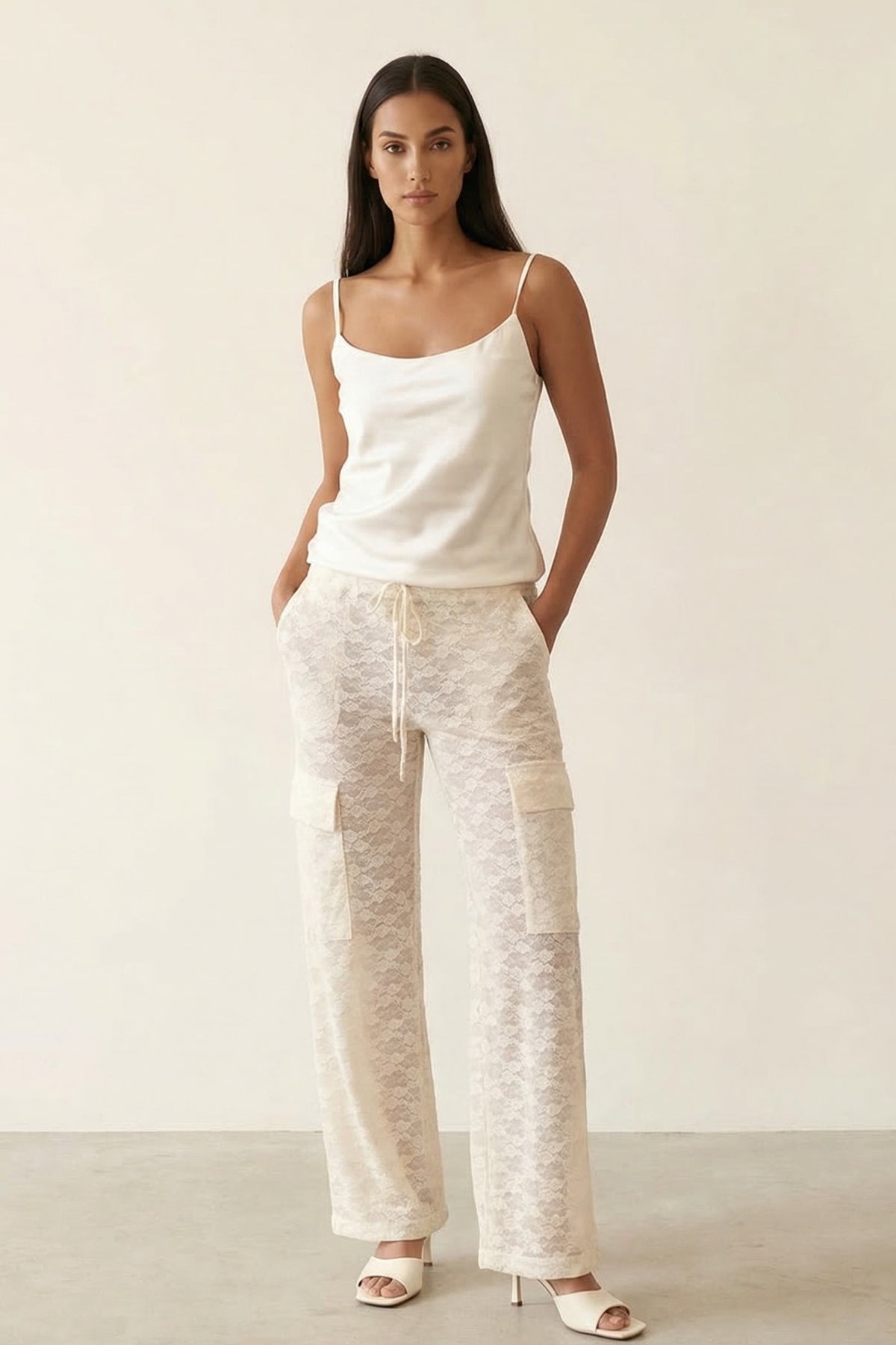 Low Rise Sheer Lace Cargo Pants - Straight Leg with Pockets
