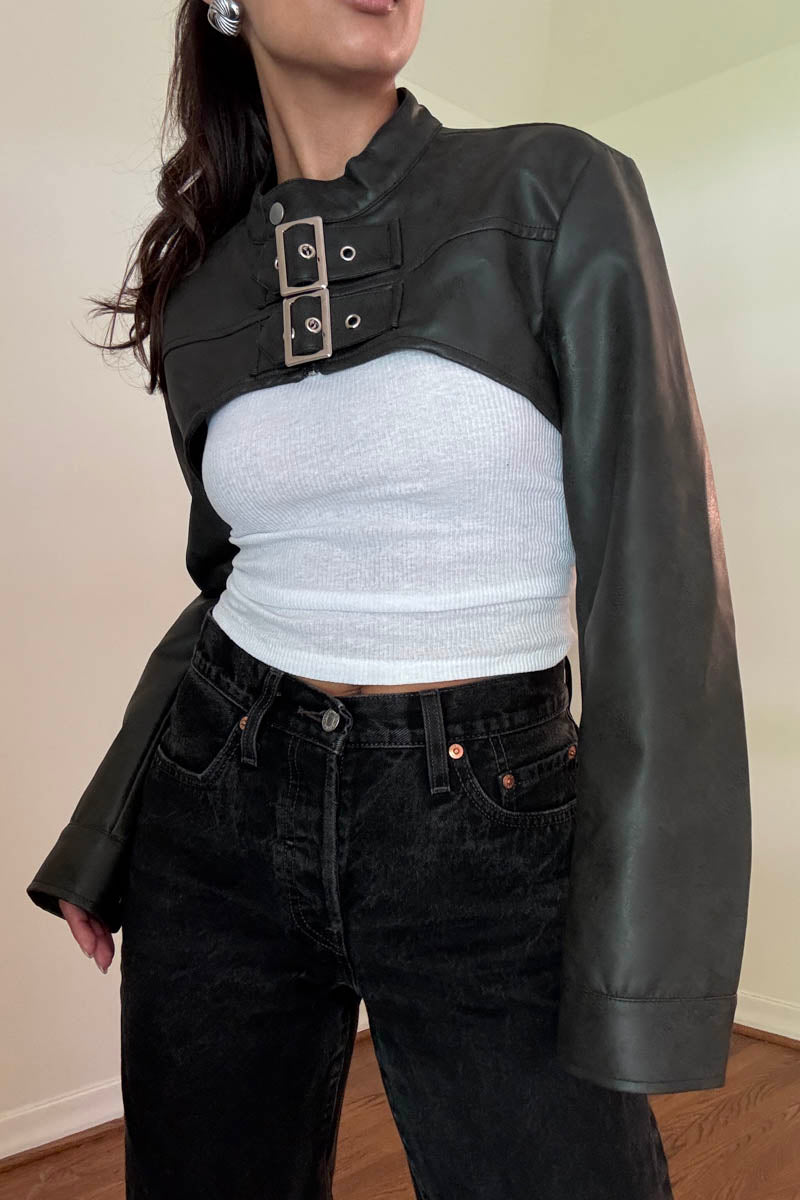 Faux Leather Cropped Biker Jacket