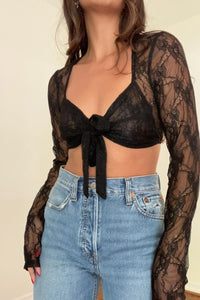 Lace Long Sleeve Tie-up Crop Top