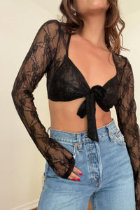 Lace Long Sleeve Tie-up Crop Top