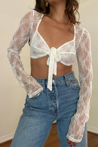 Lace Long Sleeve Tie-up Crop Top