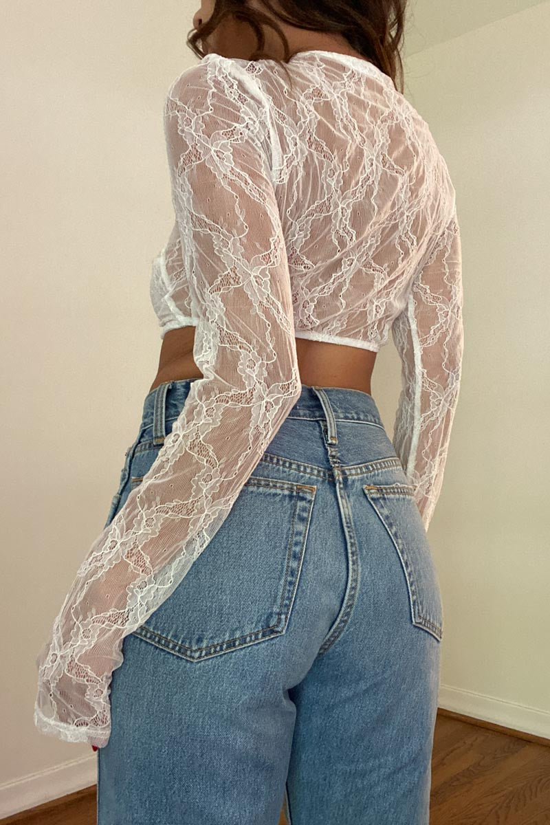 Lace Long Sleeve Tie-up Crop Top