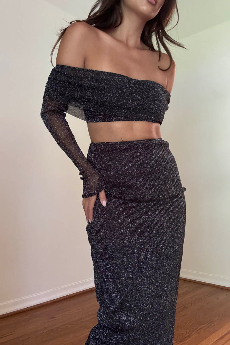 Sparkle Mesh Off Shoulder Two Piece Set