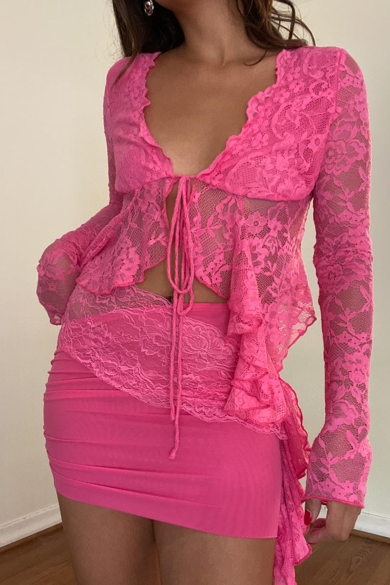 Lace Tie Up Long Sleeve Top and Wrap Detail Mini Skirt Sets