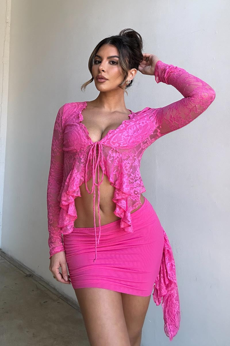 Lace Tie-Up Wrap Mini Skirt Set