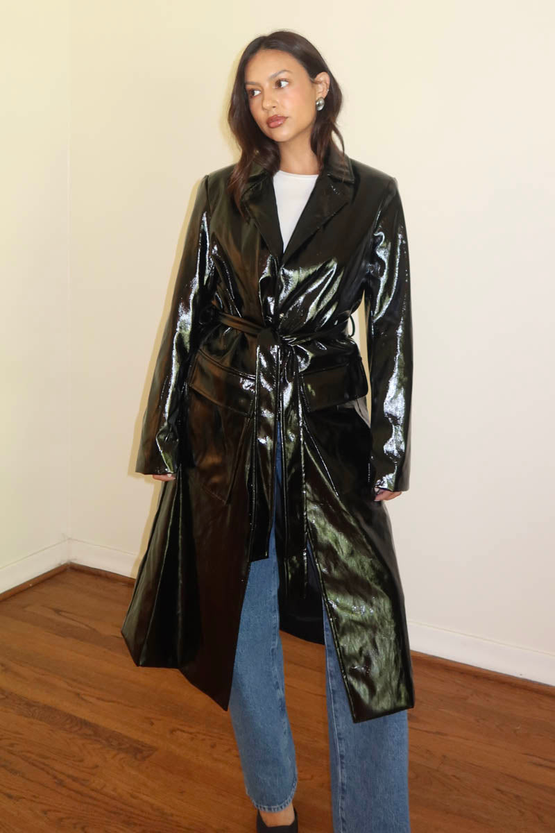 PU Waist Tie Trench Coat