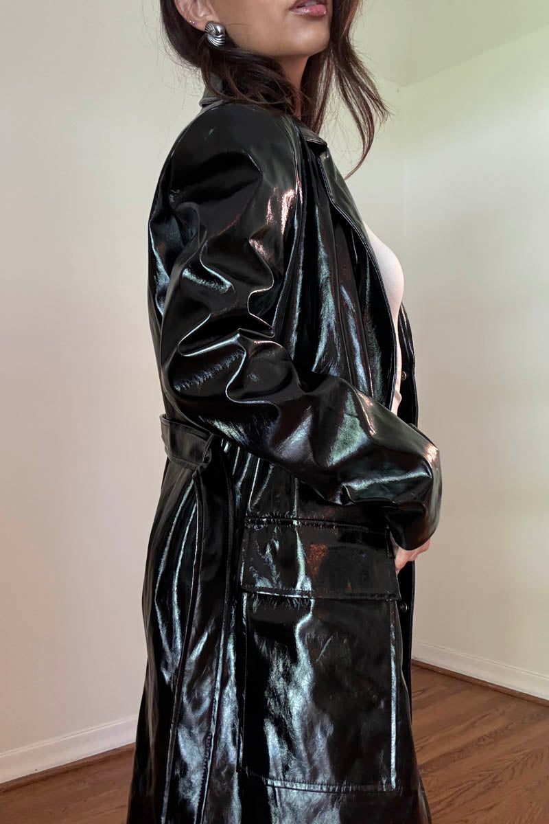 PU Waist Tie Trench Coat