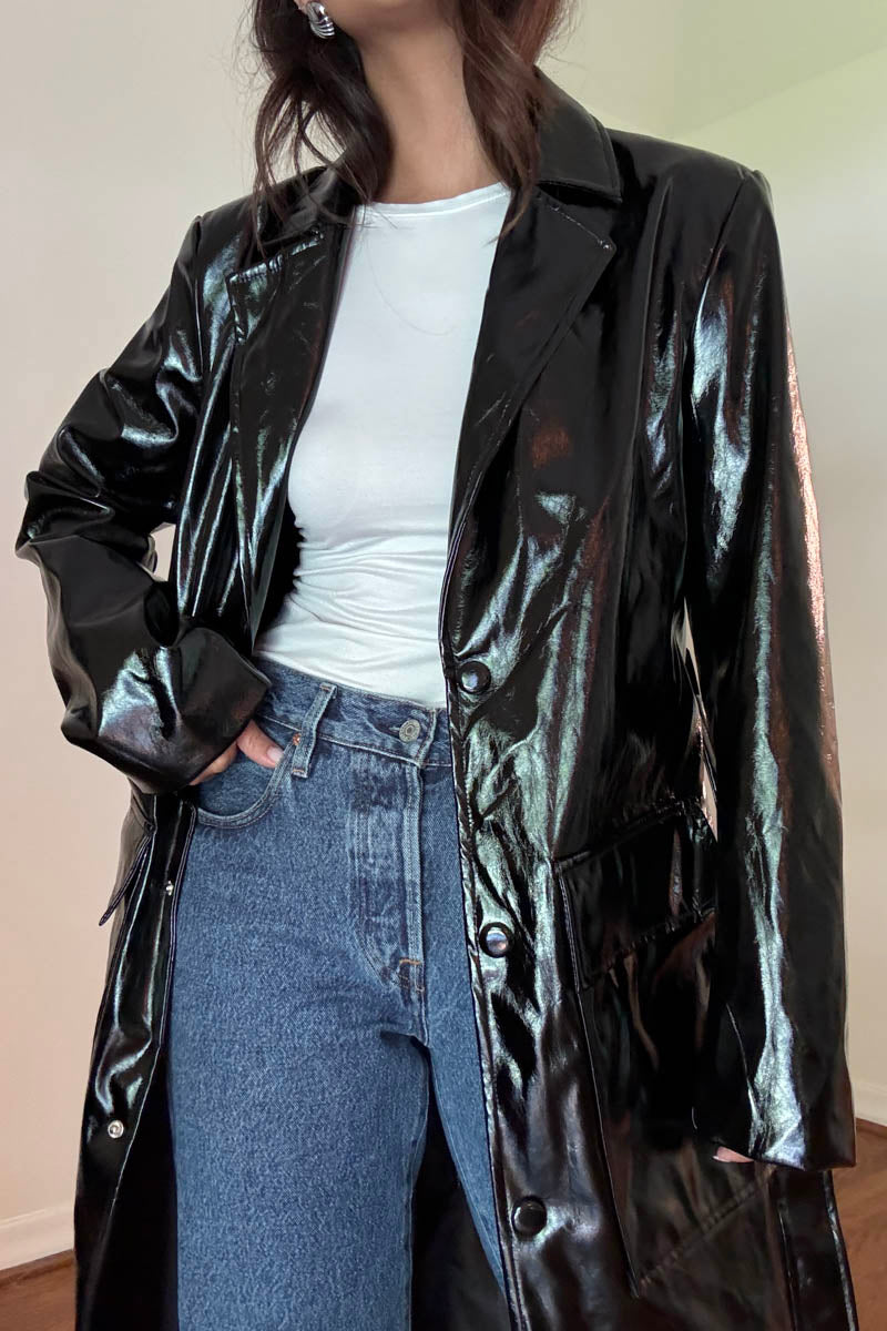 PU Waist Tie Trench Coat