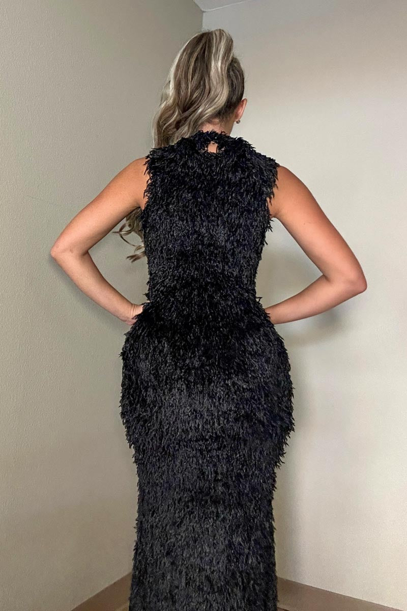 Textured Feather Knit Sleeveless Maxi Dress