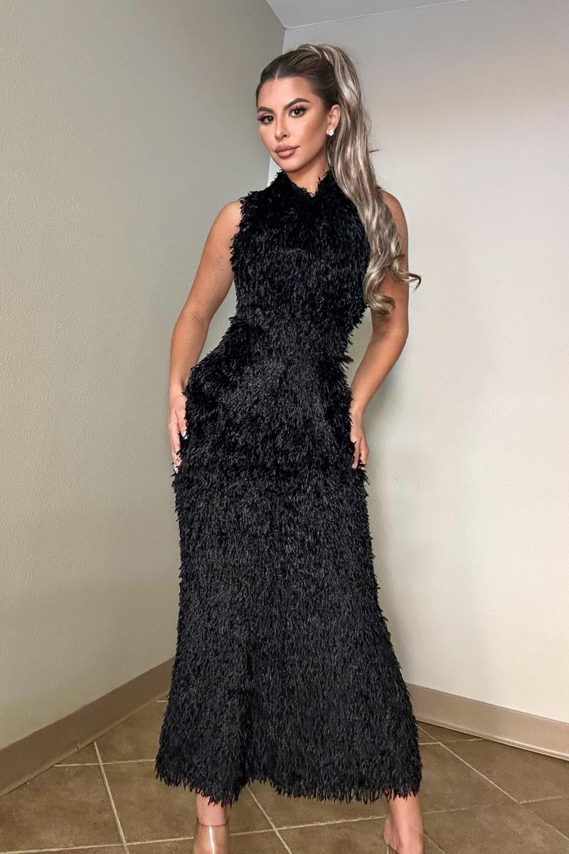 Textured Feather Knit Sleeveless Maxi Dress